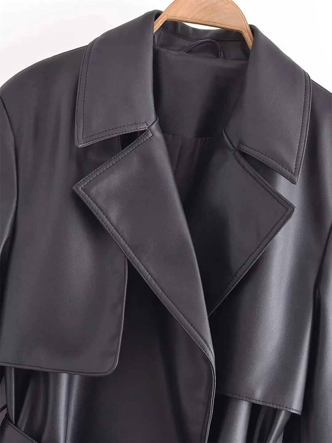 Women's Autumn Leather Jackets Belt Long Sleeve Loose Short Windbreaker Coat