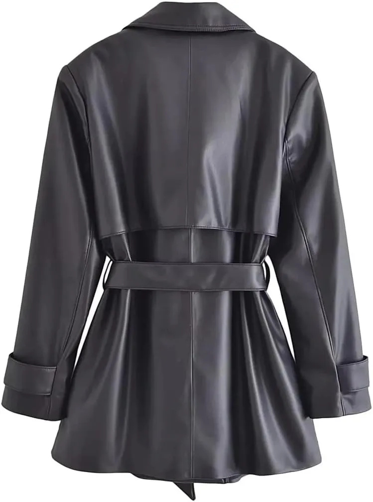 Women's Autumn Leather Jackets Belt Long Sleeve Loose Short Windbreaker Coat