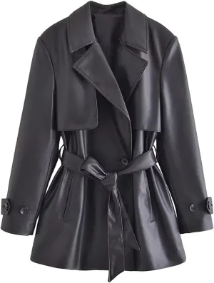 Women's Autumn Leather Jackets Belt Long Sleeve Loose Short Windbreaker Coat