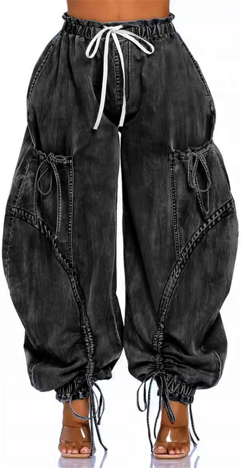Women's Baggy Barrel Jeans High Waist Y2K Drawstring Bow Tie Cargo Jogger Jean Wide Leg Denim Pants Sweatpants