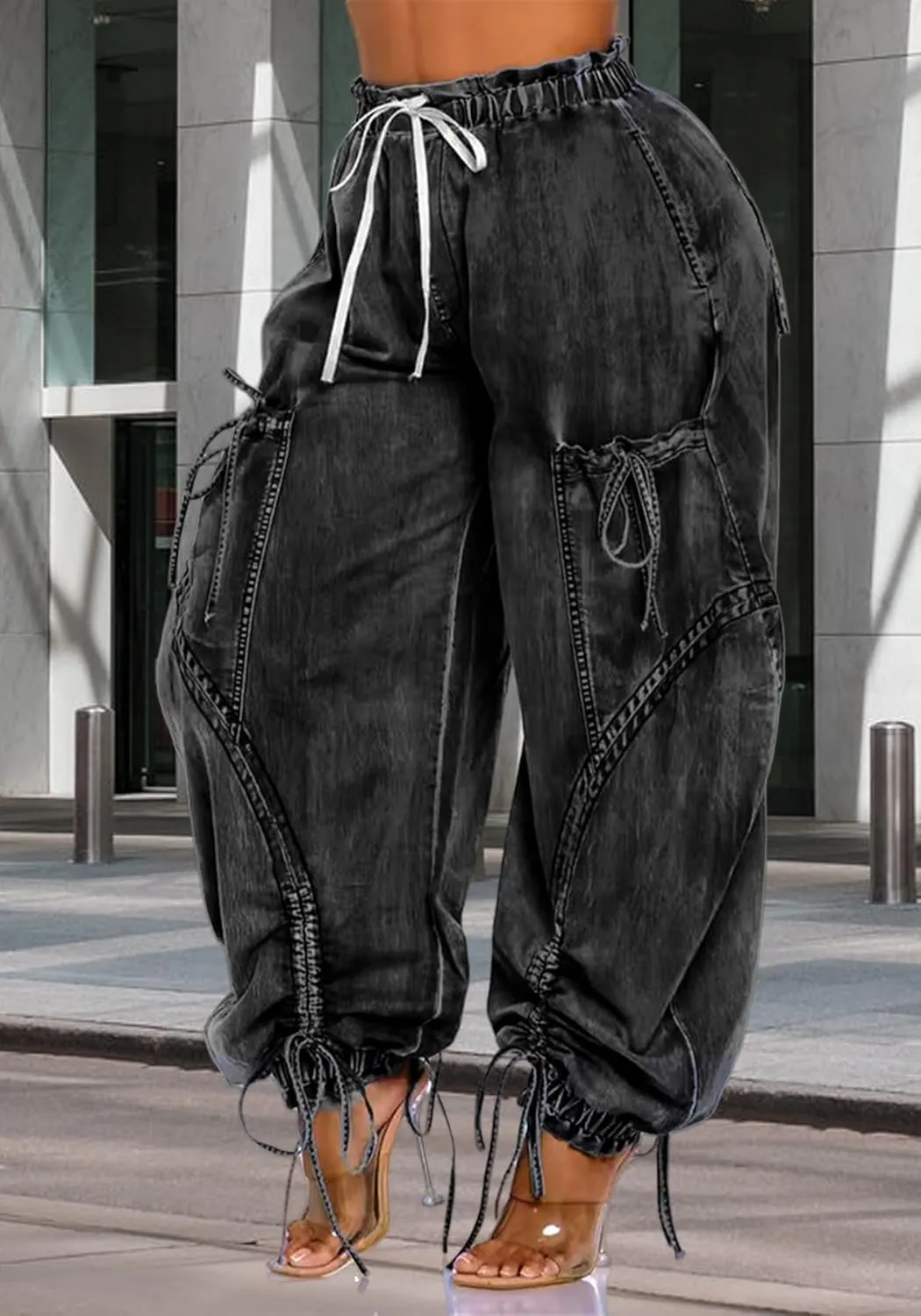 Women's Baggy Barrel Jeans High Waist Y2K Drawstring Bow Tie Cargo Jogger Jean Wide Leg Denim Pants Sweatpants