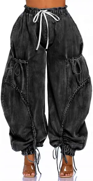 Women's Baggy Barrel Jeans High Waist Y2K Drawstring Bow Tie Cargo Jogger Jean Wide Leg Denim Pants Sweatpants