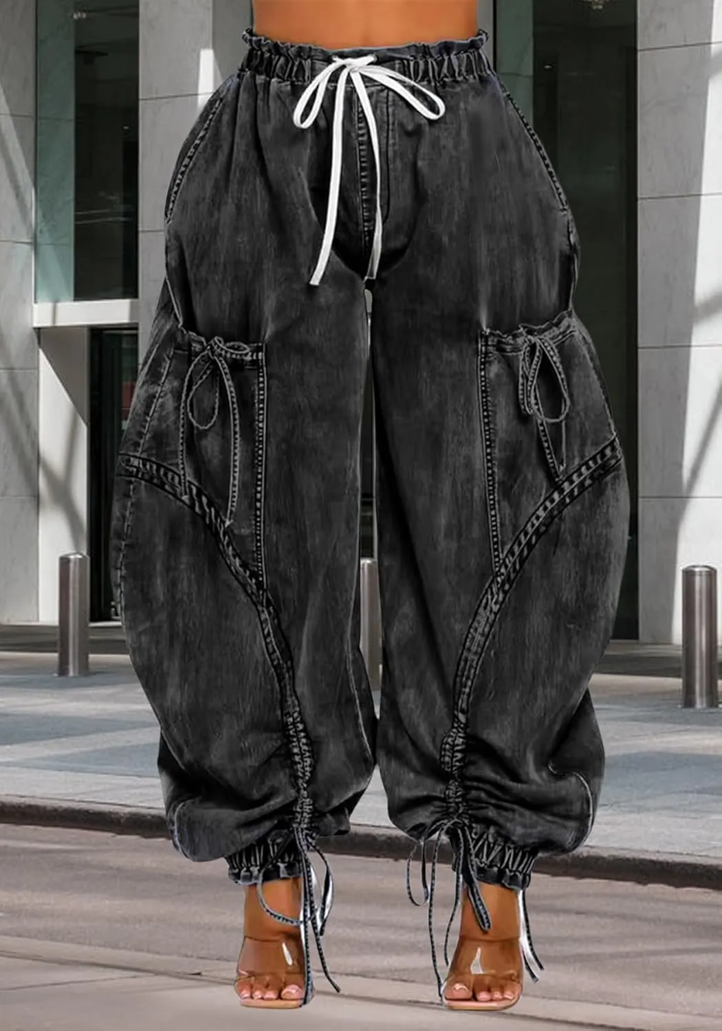 Women's Baggy Barrel Jeans High Waist Y2K Drawstring Bow Tie Cargo Jogger Jean Wide Leg Denim Pants Sweatpants