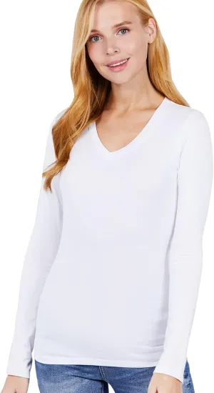 Women's Basic Solid Lightweight Soft Cotton Long Sleeve Crew Neck & V Neck Slim Top Shirts Plus (S-2XL)