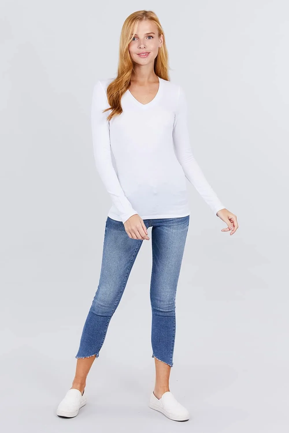 Women's Basic Solid Lightweight Soft Cotton Long Sleeve Crew Neck & V Neck Slim Top Shirts Plus (S-2XL)