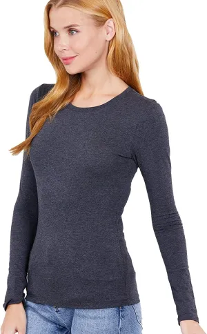 Women's Basic Solid Lightweight Soft Cotton Long Sleeve Crew Neck & V Neck Slim Top Shirts Plus (S-2XL)