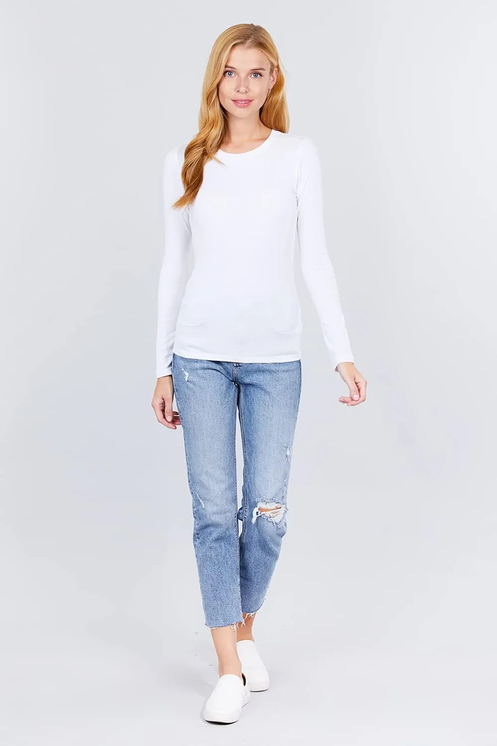 Women's Basic Solid Lightweight Soft Cotton Long Sleeve Crew Neck & V Neck Slim Top Shirts Plus (S-2XL)