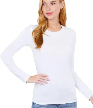 Women's Basic Solid Lightweight Soft Cotton Long Sleeve Crew Neck & V Neck Slim Top Shirts Plus (S-2XL)