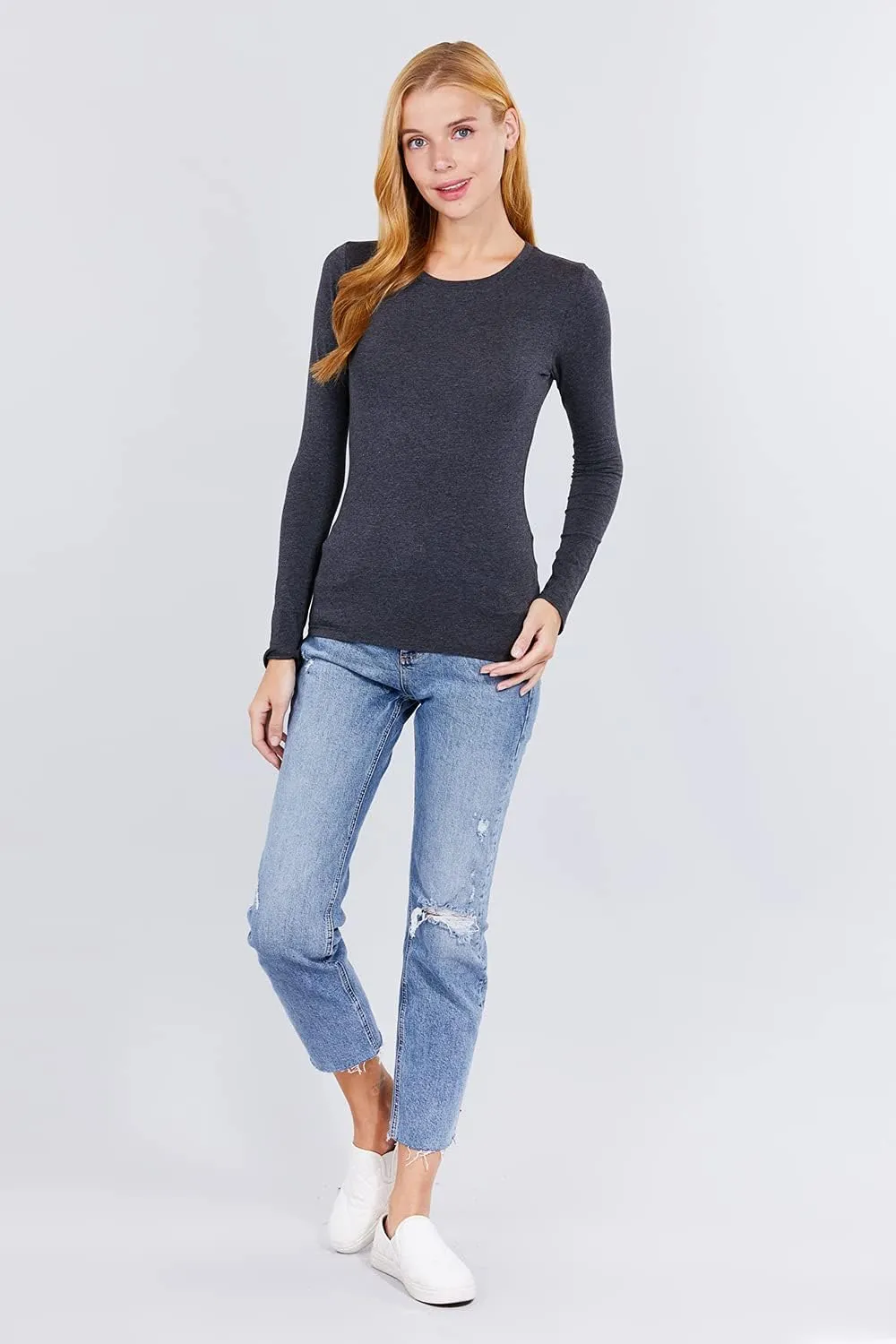 Women's Basic Solid Lightweight Soft Cotton Long Sleeve Crew Neck & V Neck Slim Top Shirts Plus (S-2XL)