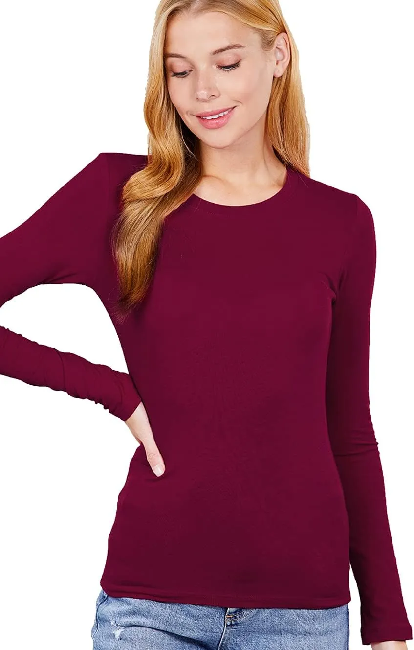 Women's Basic Solid Lightweight Soft Cotton Long Sleeve Crew Neck & V Neck Slim Top Shirts Plus (S-2XL)