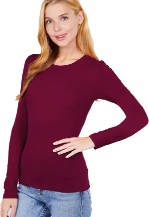 Women's Basic Solid Lightweight Soft Cotton Long Sleeve Crew Neck & V Neck Slim Top Shirts Plus (S-2XL)