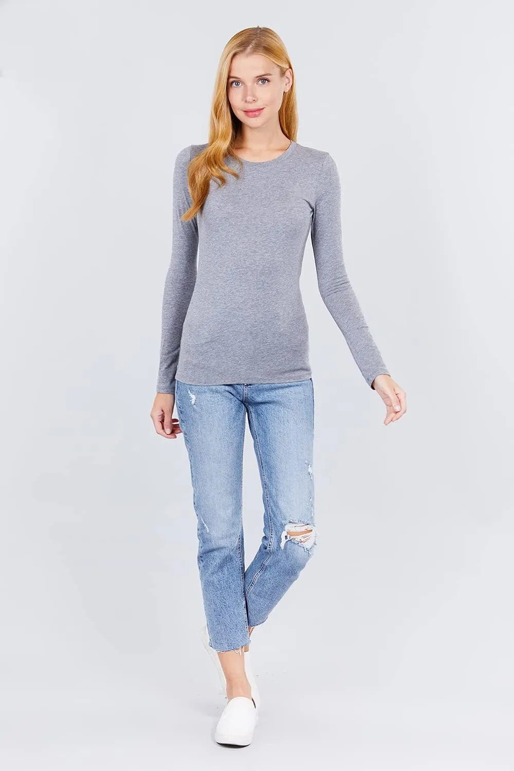 Women's Basic Solid Lightweight Soft Cotton Long Sleeve Crew Neck & V Neck Slim Top Shirts Plus (S-2XL)