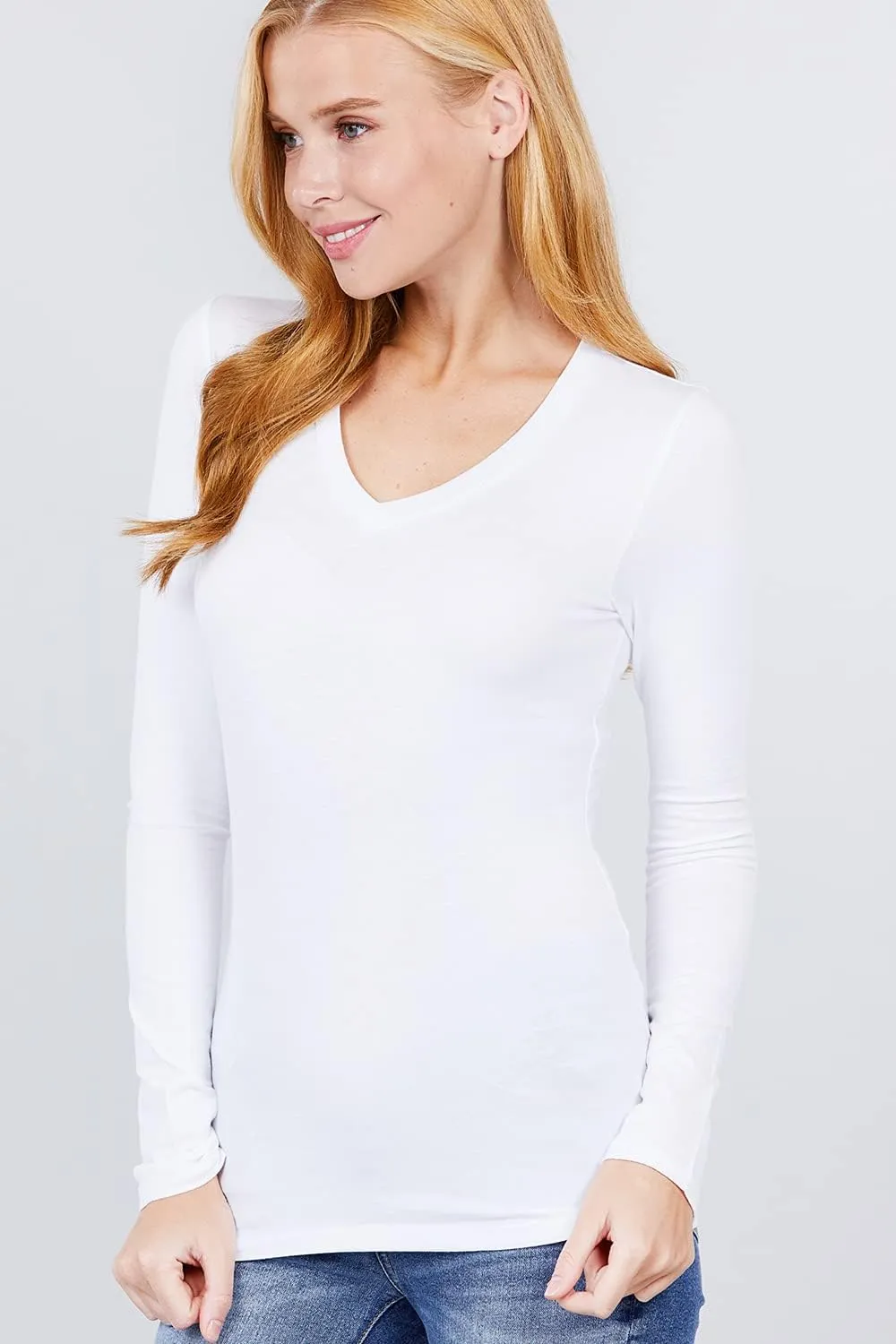 Women's Basic Solid Lightweight Soft Cotton Long Sleeve Crew Neck & V Neck Slim Top Shirts Plus (S-2XL)