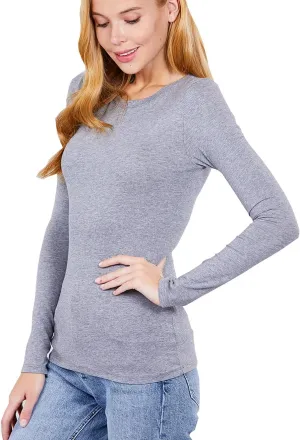 Women's Basic Solid Lightweight Soft Cotton Long Sleeve Crew Neck & V Neck Slim Top Shirts Plus (S-2XL)