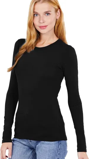 Women's Basic Solid Lightweight Soft Cotton Long Sleeve Crew Neck & V Neck Slim Top Shirts Plus (S-2XL)
