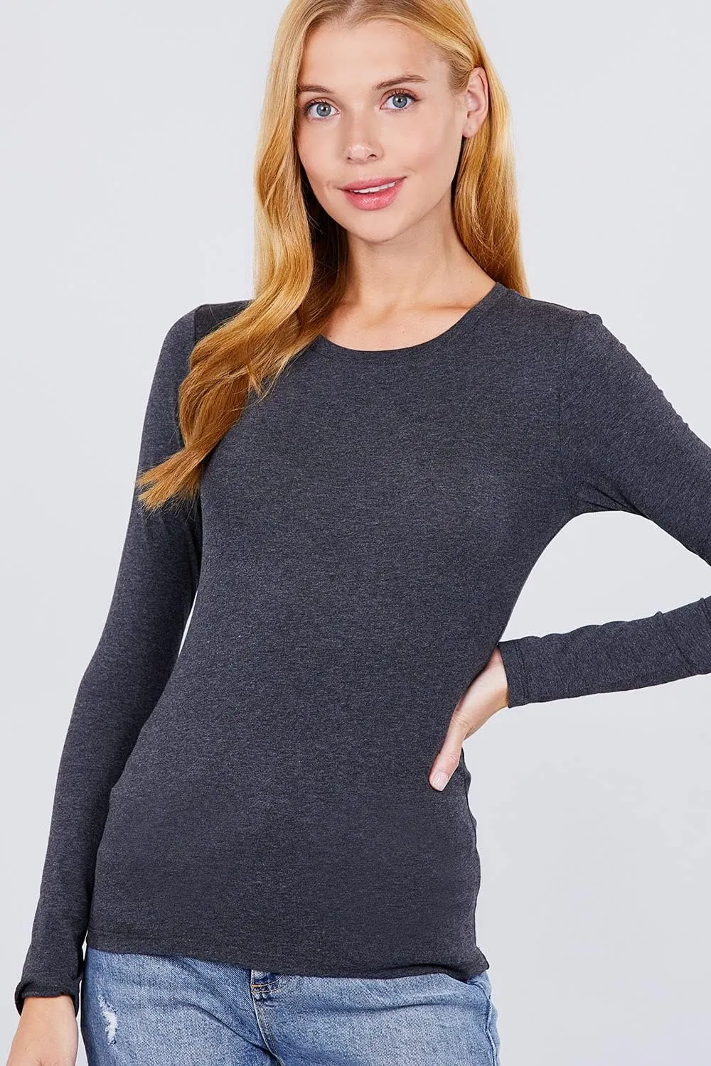 Women's Basic Solid Lightweight Soft Cotton Long Sleeve Crew Neck & V Neck Slim Top Shirts Plus (S-2XL)