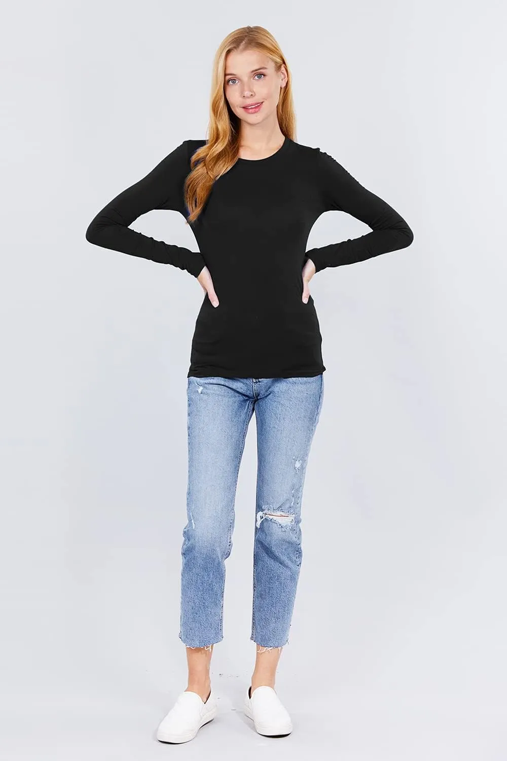 Women's Basic Solid Lightweight Soft Cotton Long Sleeve Crew Neck & V Neck Slim Top Shirts Plus (S-2XL)