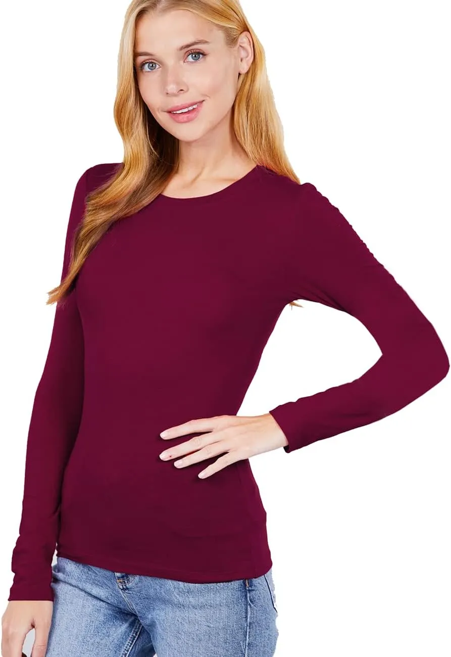 Women's Basic Solid Lightweight Soft Cotton Long Sleeve Crew Neck & V Neck Slim Top Shirts Plus (S-2XL)
