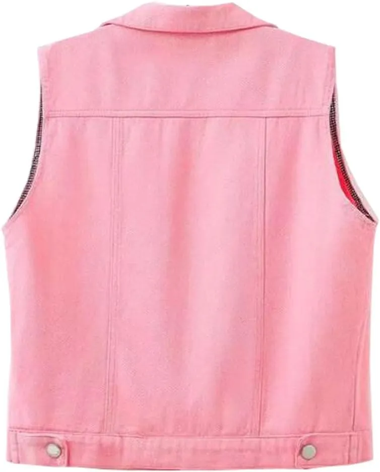Womens Beading Pearls Denim Button Vest Ripped Waistcoatvest Sleeveless Jean Jacket