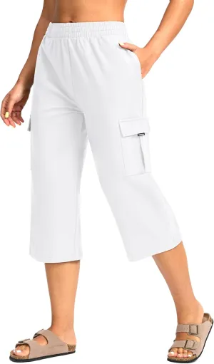 Women's Capri Pants with 4 Pockets Soft Cotton Stretch Cropped Pants Loose Cargo Capris for Women Yoga Casual