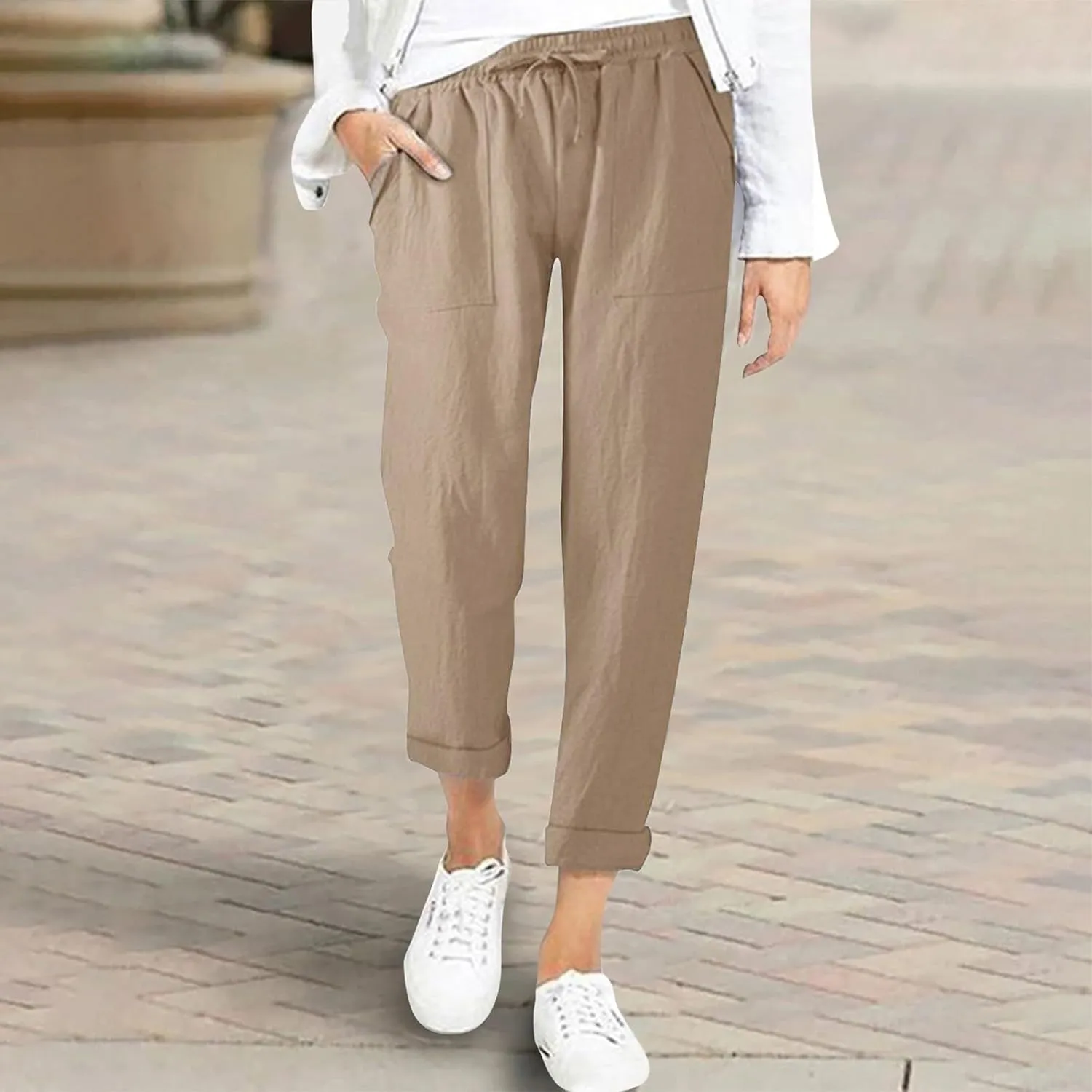 Womens Casual Lightweight Drawstring Elastic Waist Pants with Pockets Tie Dye Slacks Cropped Trouser Beach Clothes