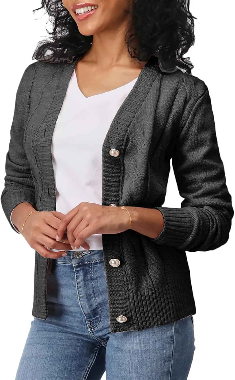 Women's Casual Slim Fit Cardigan Sweaters Long Sleeve Button Down Lightweight Waist Length