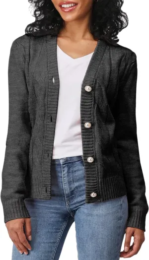 Women's Casual Slim Fit Cardigan Sweaters Long Sleeve Button Down Lightweight Waist Length