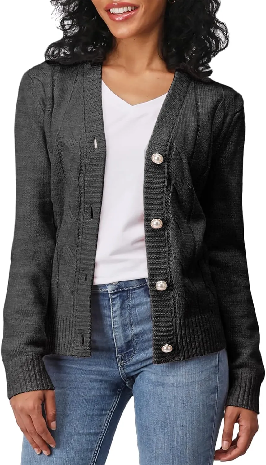 Women's Casual Slim Fit Cardigan Sweaters Long Sleeve Button Down Lightweight Waist Length