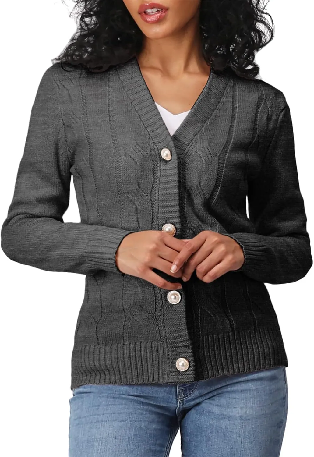 Women's Casual Slim Fit Cardigan Sweaters Long Sleeve Button Down Lightweight Waist Length