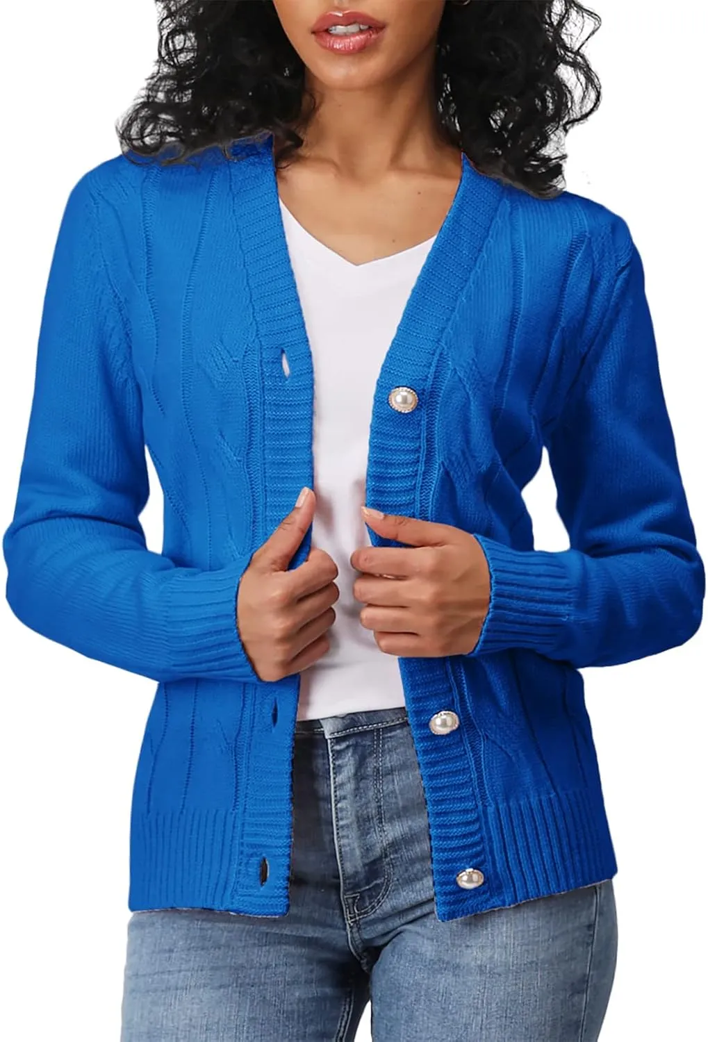 Women's Casual Slim Fit Cardigan Sweaters Long Sleeve Button Down Lightweight Waist Length