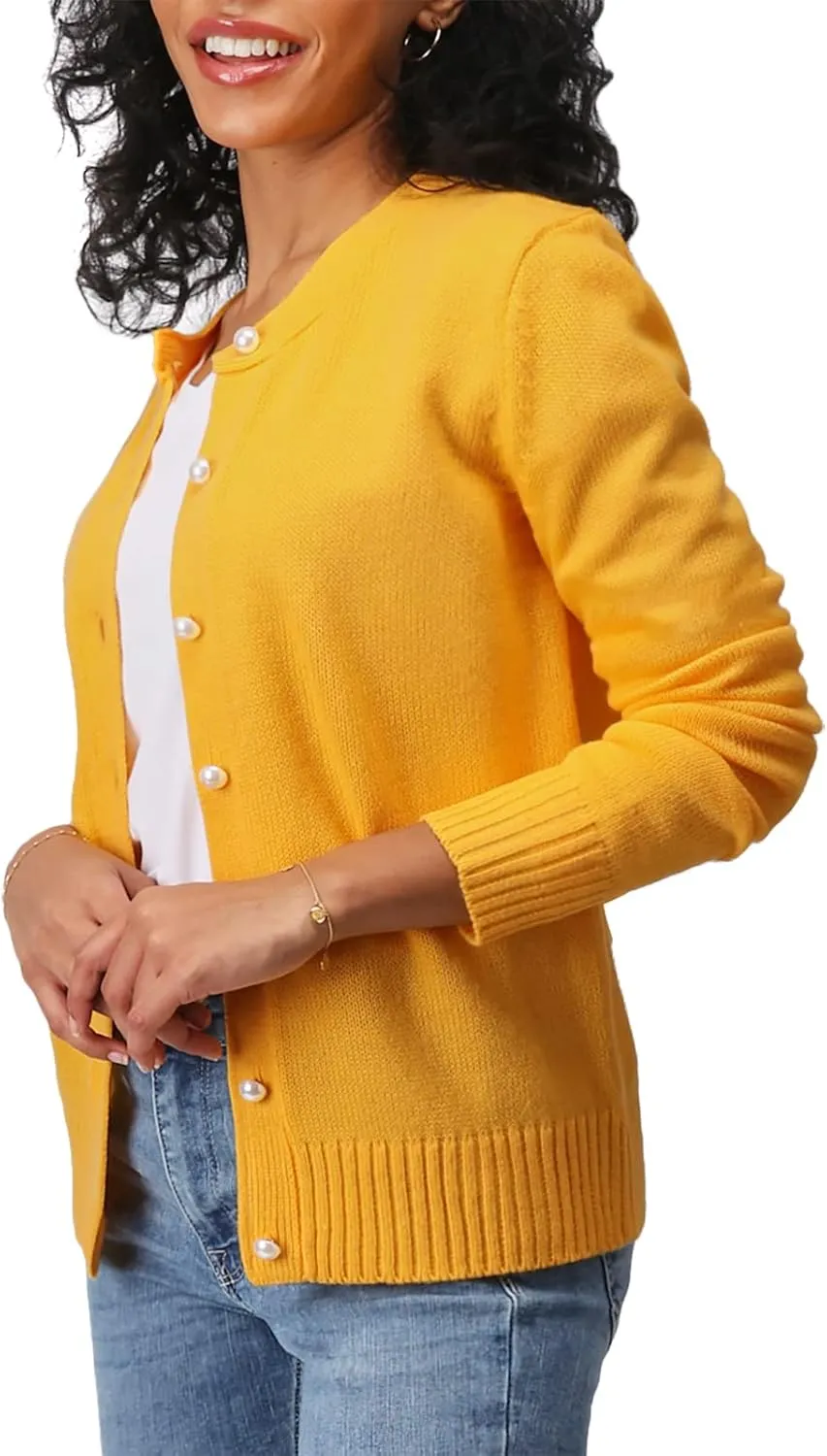 Women's Casual Slim Fit Cardigan Sweaters Long Sleeve Button Down Lightweight Waist Length