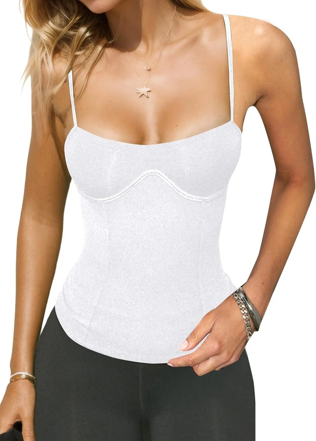 Womens Corset Tank Tops Sexy Slim Fit Adjustable Spaghetti Strap Tank Top Summer Square Neck Skinny Camisole Tops