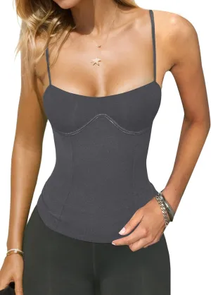 Womens Corset Tank Tops Sexy Slim Fit Adjustable Spaghetti Strap Tank Top Summer Square Neck Skinny Camisole Tops
