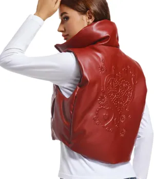 Womens Cropped Puffer Vest Faux Leather Winter Warm Padded Vest Lightweight Sleeveless Outerwear Gilet