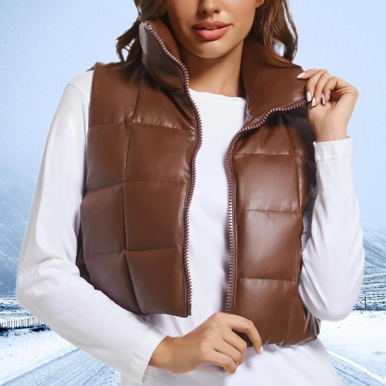 Womens Cropped Puffer Vest Faux Leather Winter Warm Padded Vest Lightweight Sleeveless Outerwear Gilet