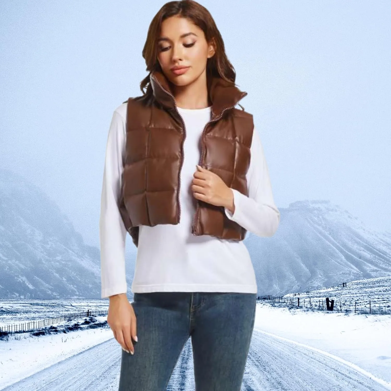 Womens Cropped Puffer Vest Faux Leather Winter Warm Padded Vest Lightweight Sleeveless Outerwear Gilet