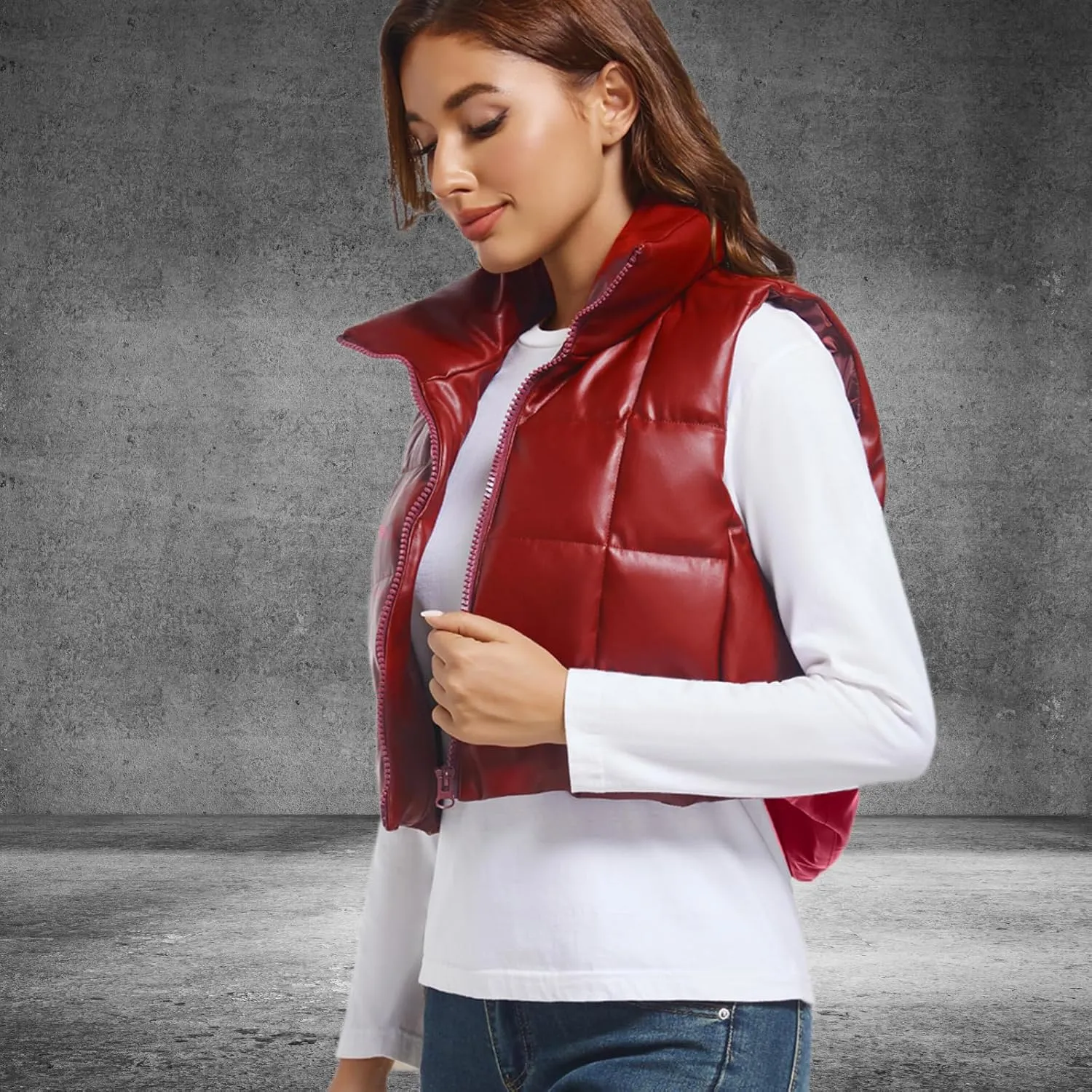 Womens Cropped Puffer Vest Faux Leather Winter Warm Padded Vest Lightweight Sleeveless Outerwear Gilet