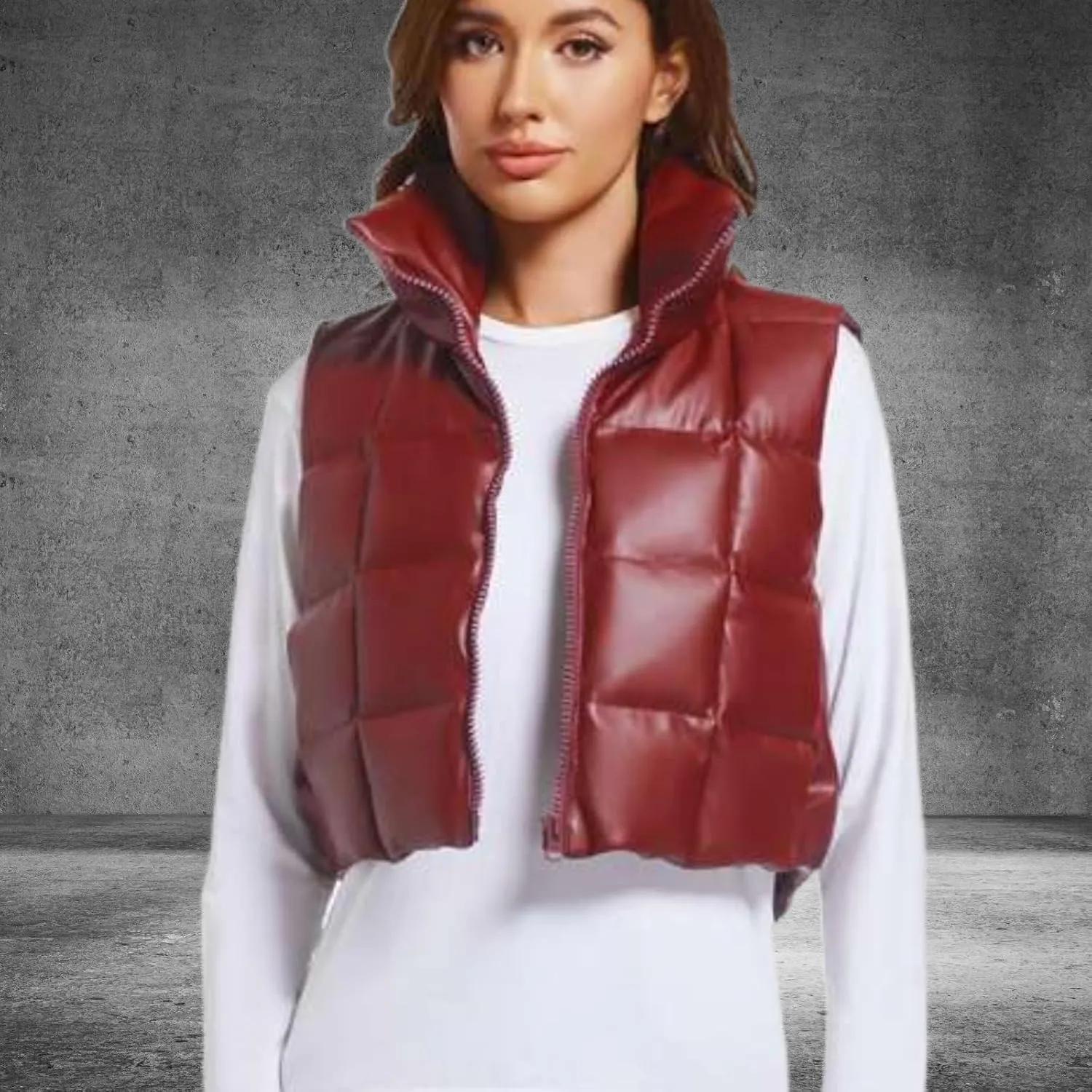 Womens Cropped Puffer Vest Faux Leather Winter Warm Padded Vest Lightweight Sleeveless Outerwear Gilet