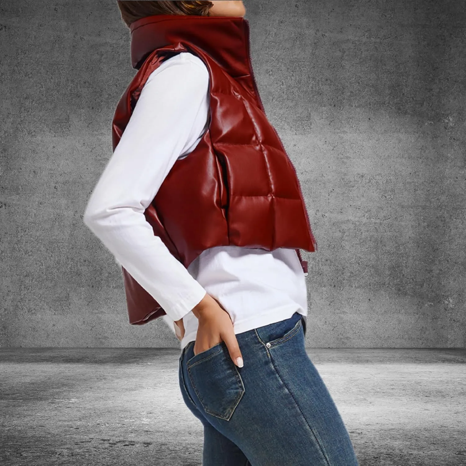Womens Cropped Puffer Vest Faux Leather Winter Warm Padded Vest Lightweight Sleeveless Outerwear Gilet