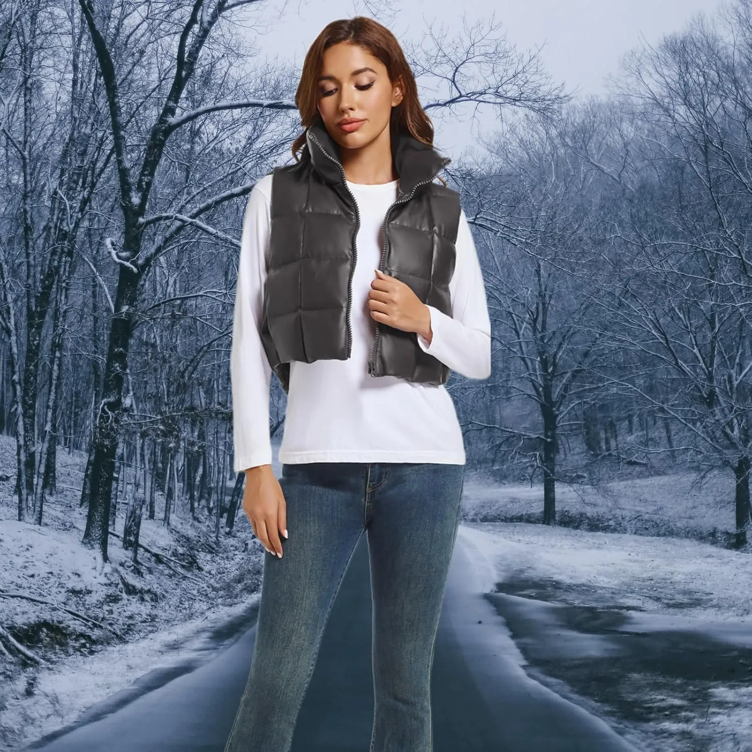 Womens Cropped Puffer Vest Faux Leather Winter Warm Padded Vest Lightweight Sleeveless Outerwear Gilet