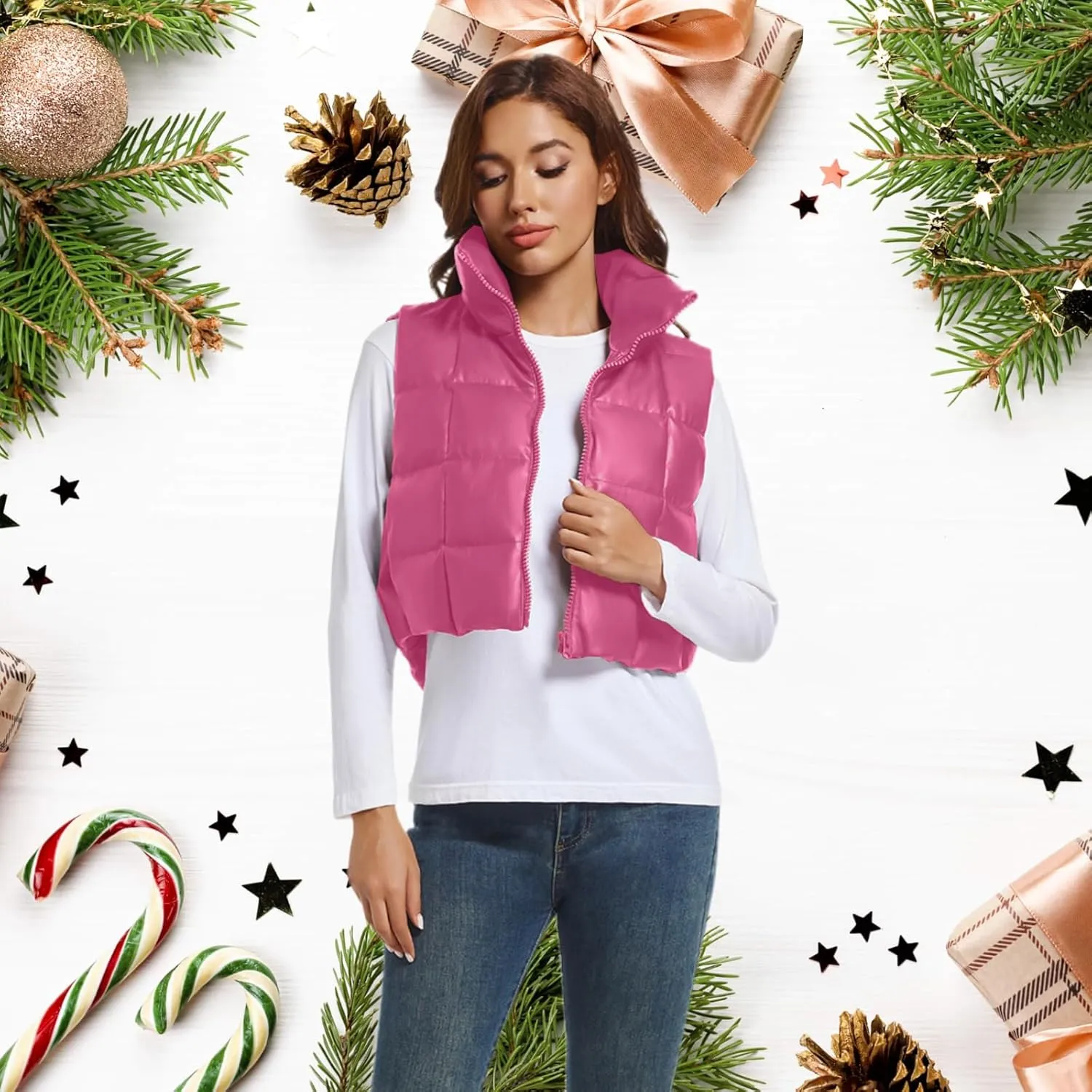 Womens Cropped Puffer Vest Faux Leather Winter Warm Padded Vest Lightweight Sleeveless Outerwear Gilet