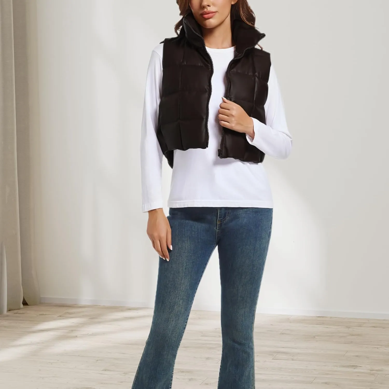 Womens Cropped Puffer Vest Faux Leather Winter Warm Padded Vest Lightweight Sleeveless Outerwear Gilet