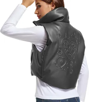 Womens Cropped Puffer Vest Faux Leather Winter Warm Padded Vest Lightweight Sleeveless Outerwear Gilet