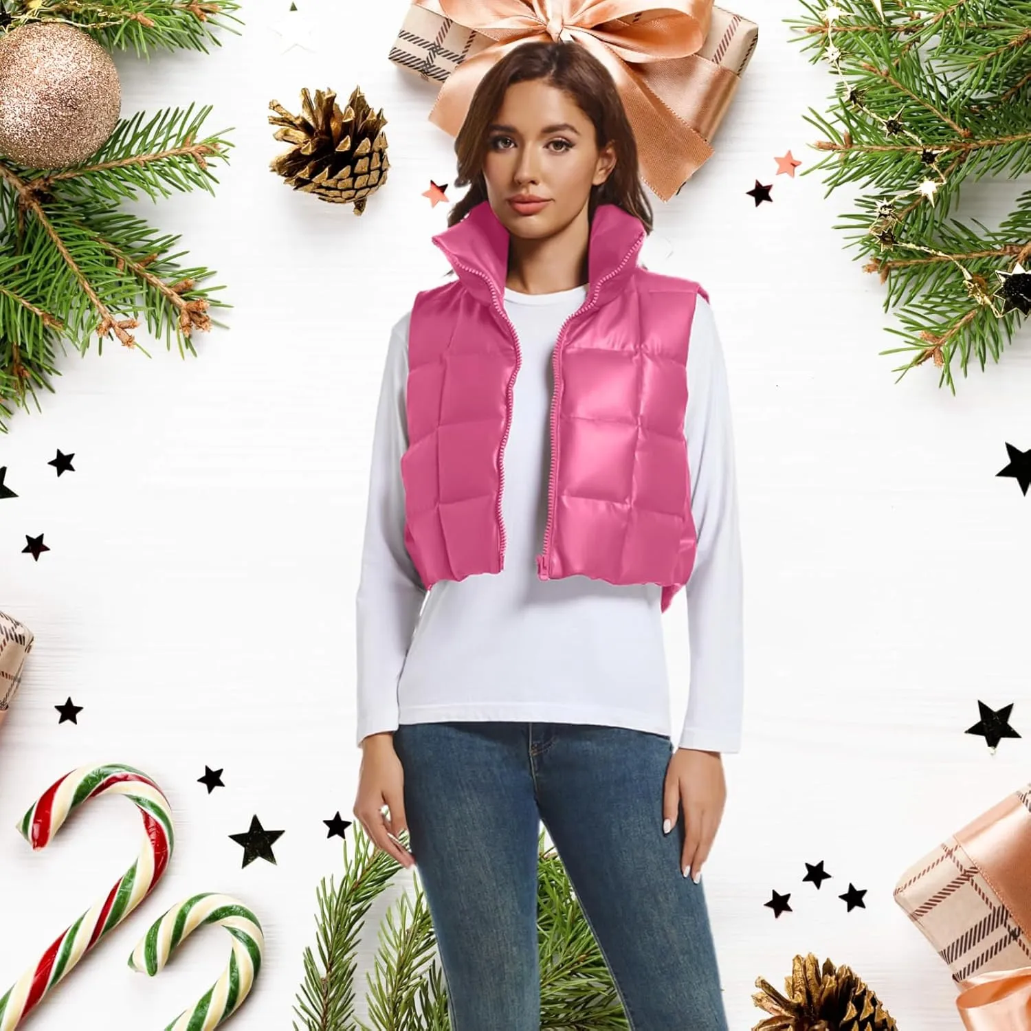 Womens Cropped Puffer Vest Faux Leather Winter Warm Padded Vest Lightweight Sleeveless Outerwear Gilet