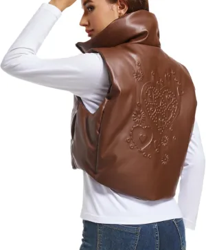 Womens Cropped Puffer Vest Faux Leather Winter Warm Padded Vest Lightweight Sleeveless Outerwear Gilet