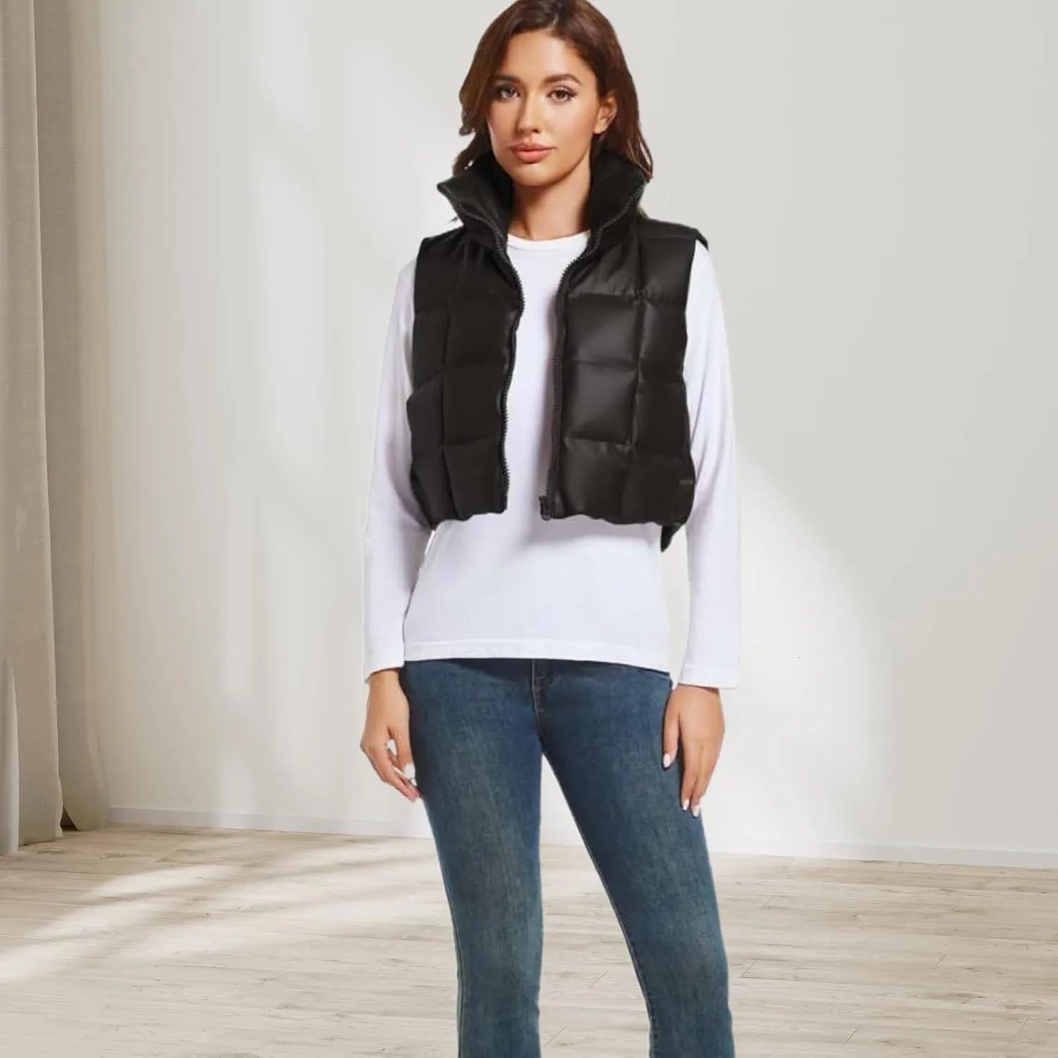 Womens Cropped Puffer Vest Faux Leather Winter Warm Padded Vest Lightweight Sleeveless Outerwear Gilet