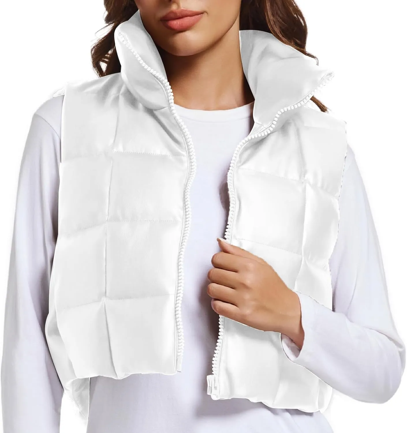Womens Cropped Puffer Vest Faux Leather Winter Warm Padded Vest Lightweight Sleeveless Outerwear Gilet