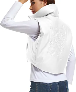 Womens Cropped Puffer Vest Faux Leather Winter Warm Padded Vest Lightweight Sleeveless Outerwear Gilet