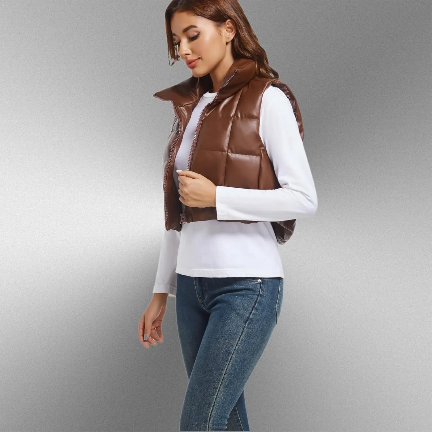 Womens Cropped Puffer Vest Faux Leather Winter Warm Padded Vest Lightweight Sleeveless Outerwear Gilet