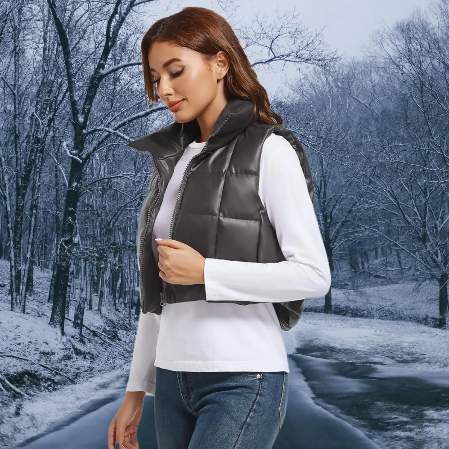 Womens Cropped Puffer Vest Faux Leather Winter Warm Padded Vest Lightweight Sleeveless Outerwear Gilet